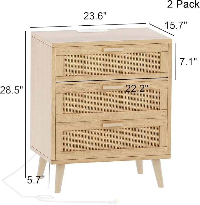 Rattan Nightstand with Charging Hub