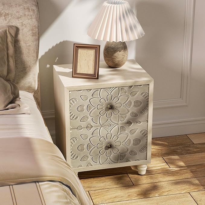 Vintage Elegance Bedside Table with Carved Drawers