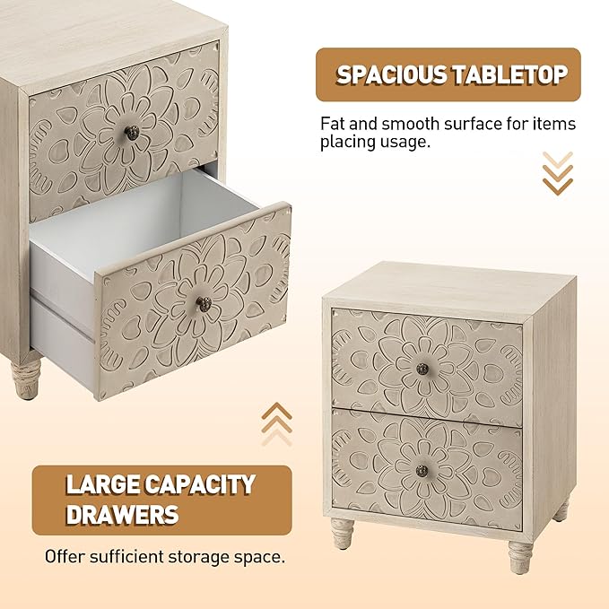 Vintage Elegance Bedside Table with Carved Drawers