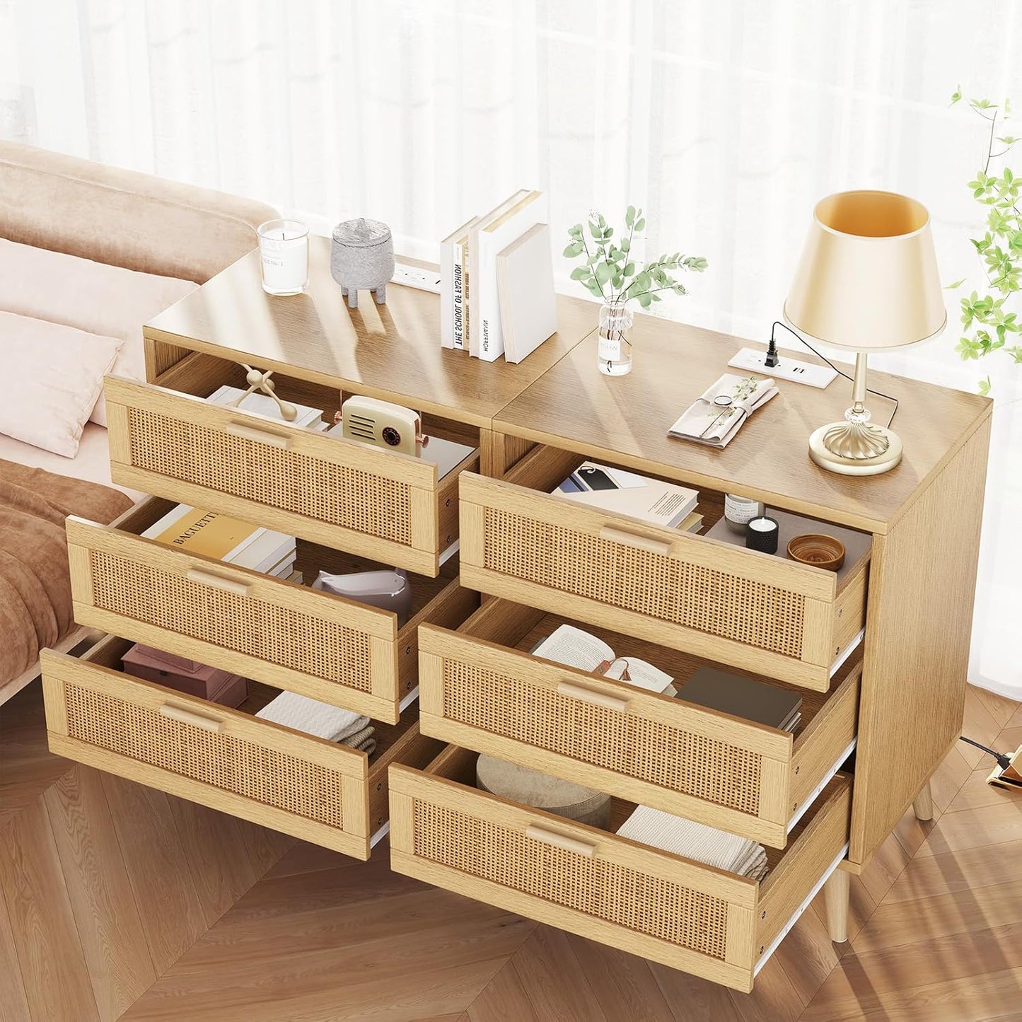 Rattan Nightstand with Charging Hub