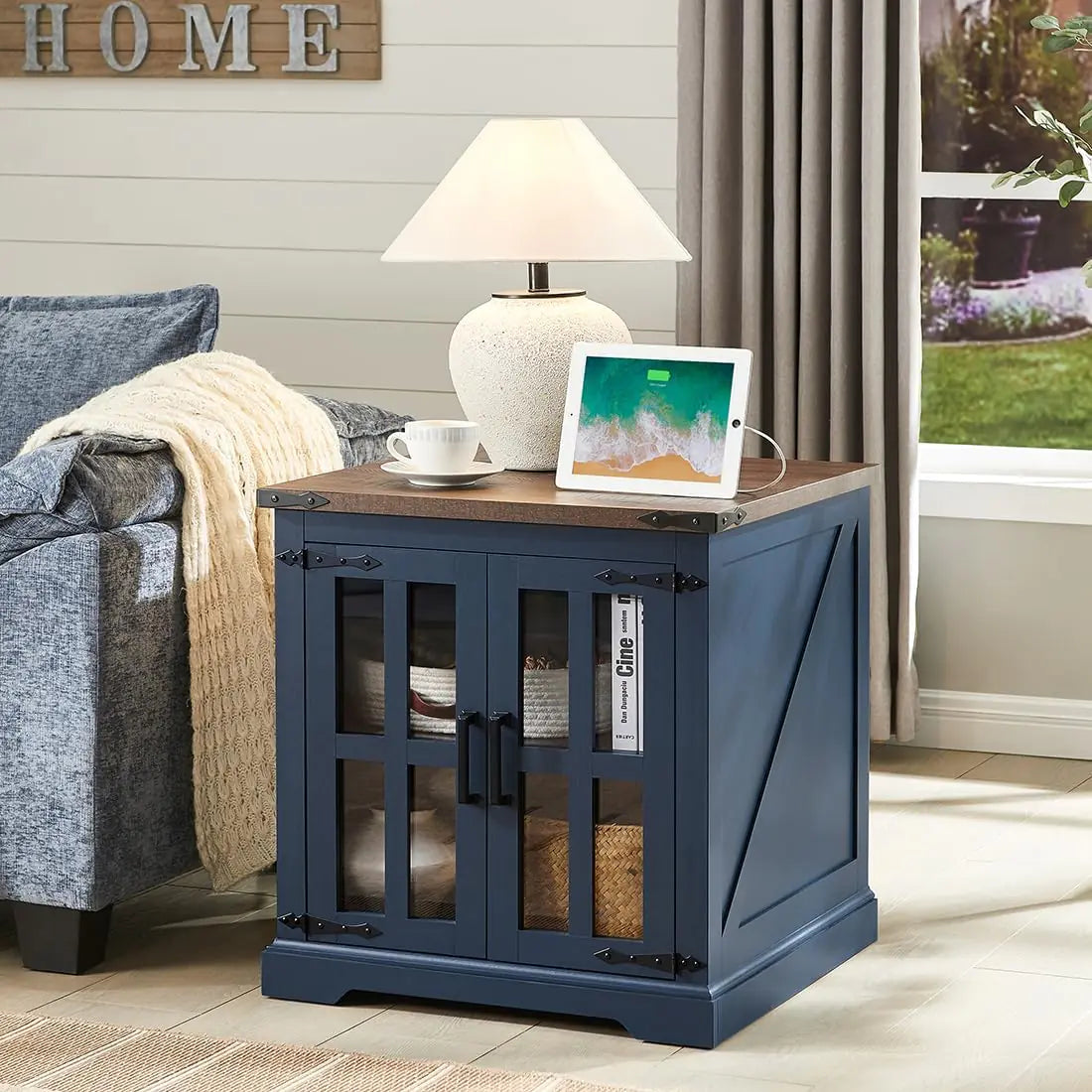 Rustic Blue Farmhouse Side Table with USB Ports