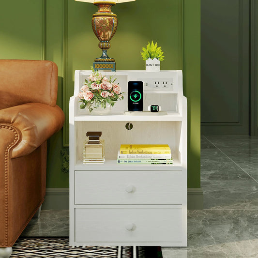 LIKIMIO White Modern Nightstand with Built-In Charging Station