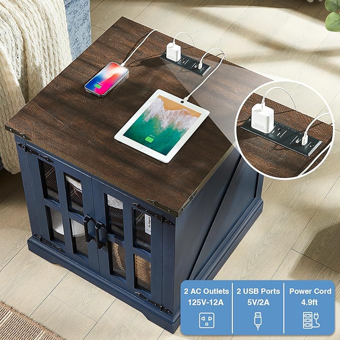 Rustic Blue Farmhouse Side Table with USB Ports