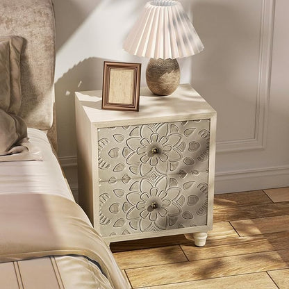 Vintage Elegance Bedside Table with Carved Drawers