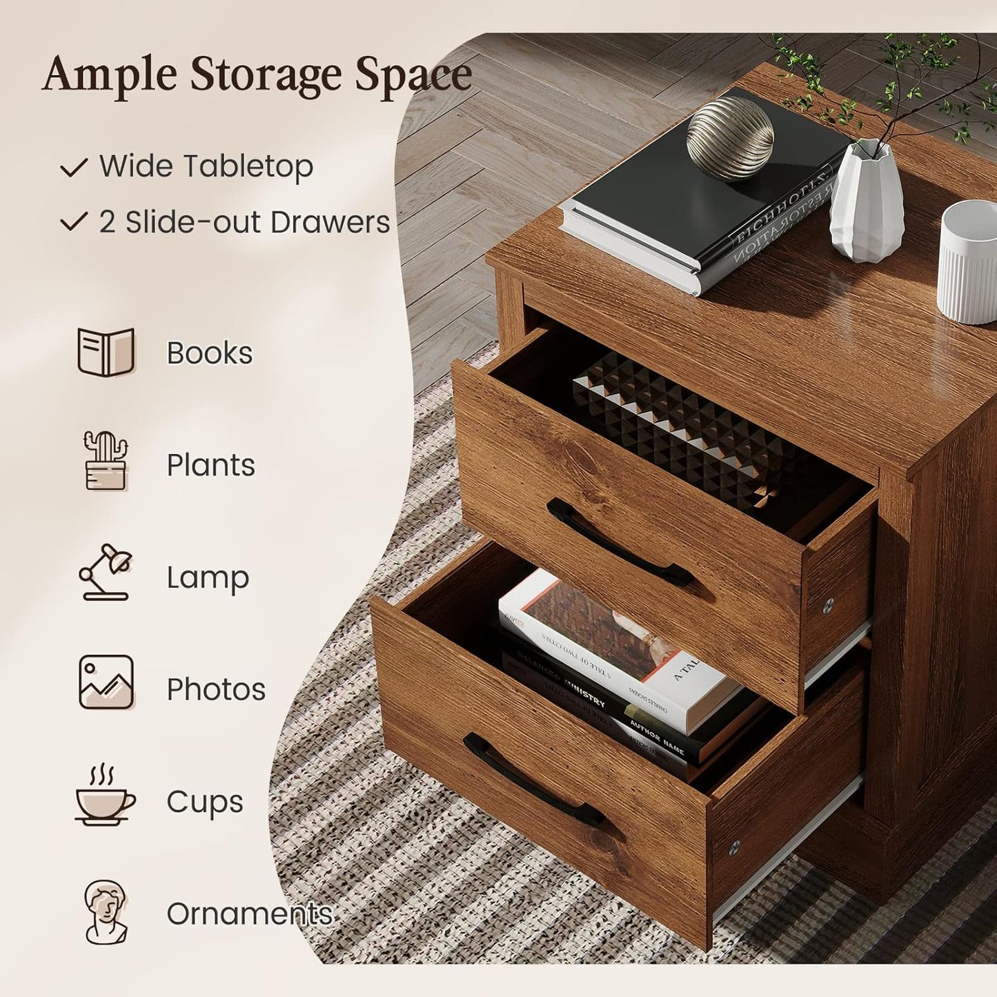 Giantex Classic Walnut Bedside Table with Storage
