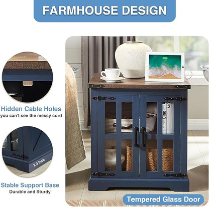 Rustic Blue Farmhouse Side Table with USB Ports