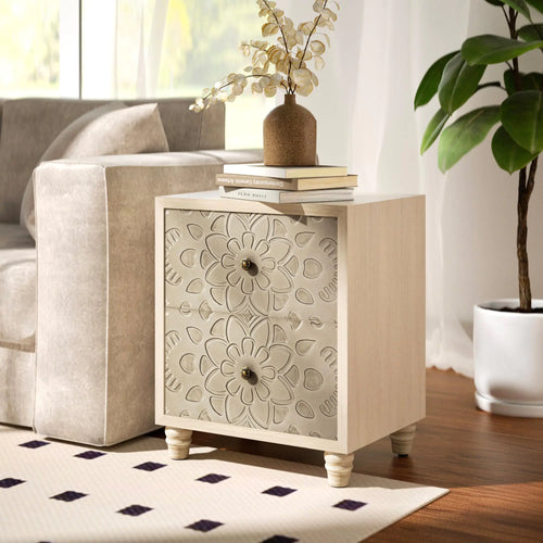 Vintage Elegance Bedside Table with Carved Drawers
