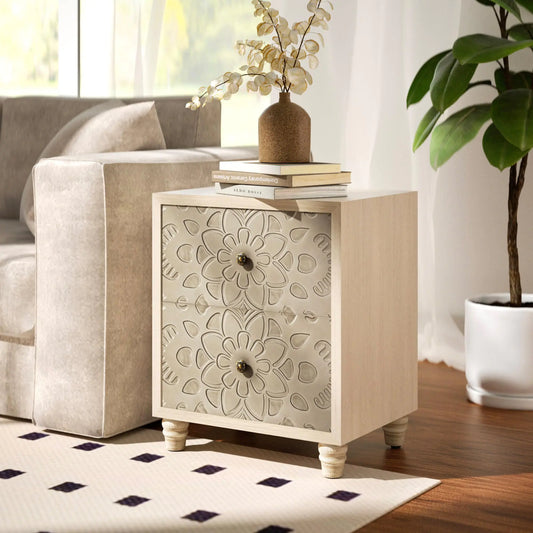 Vintage Elegance Bedside Table with Carved Drawers
