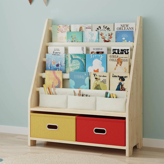 Kids Book & Toy Organizer Shelf - 4 Tier Wooden Storage
