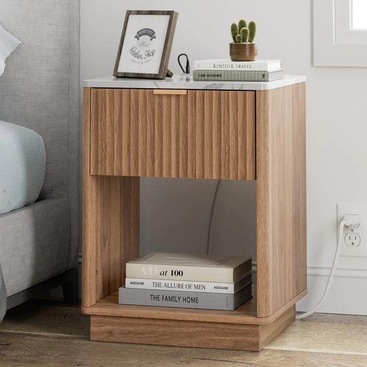 FavourLife Fluted Bedside Table with Charge Hub
