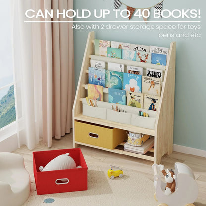 Kids Book & Toy Organizer Shelf - 4 Tier Wooden Storage