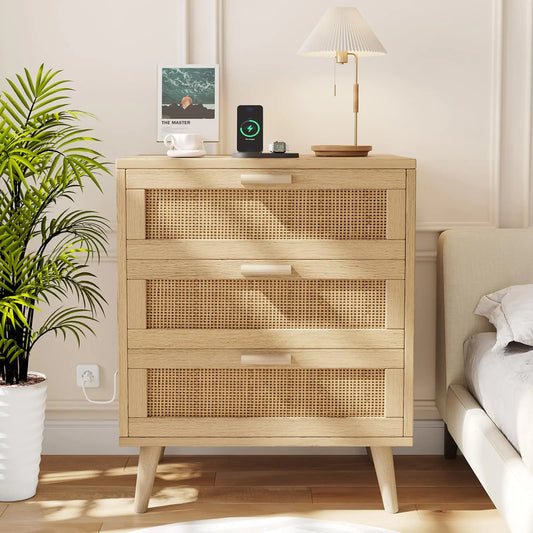 Rattan Nightstand with Charging Hub