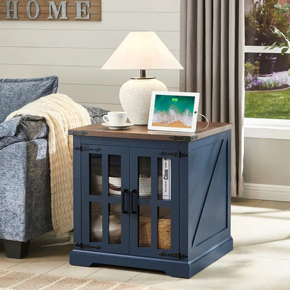 Rustic Blue Farmhouse Side Table with USB Ports