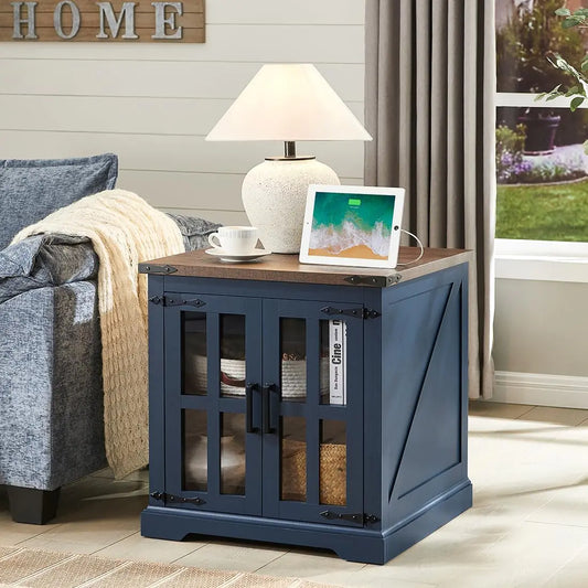 Rustic Blue Farmhouse Side Table with USB Ports