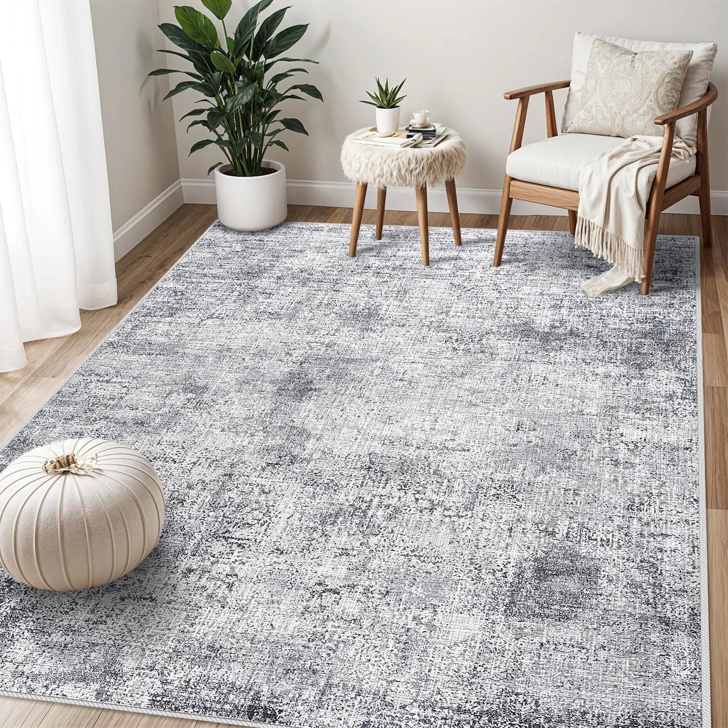 Easy-Clean Modern 5x7 Rugs for Home - Abstract Blue/Grey Design with Rubber Back