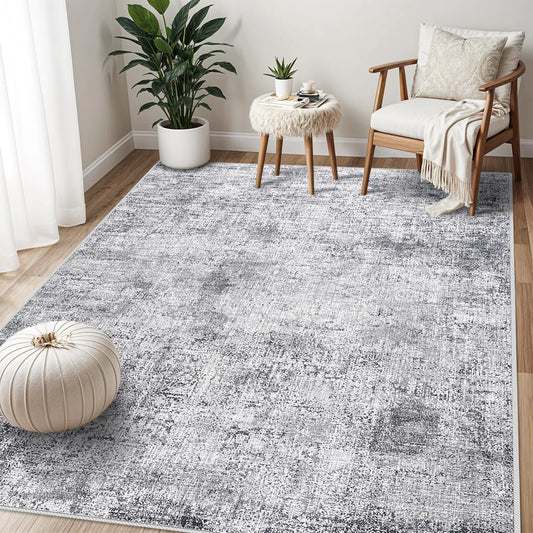 Easy-Clean Modern 5x7 Rugs for Home - Abstract Blue/Grey Design with Rubber Back