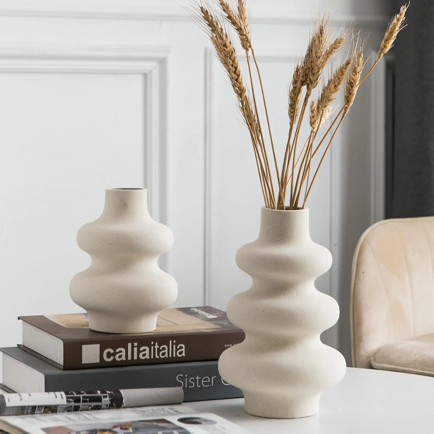 Mowtanco Off-White Ceramic Vase Duo for Modern Decor